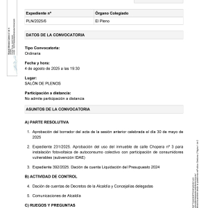 Convocatoria a Pleno sesión ordinaria, lunes 4 de agosto a las 19:30h